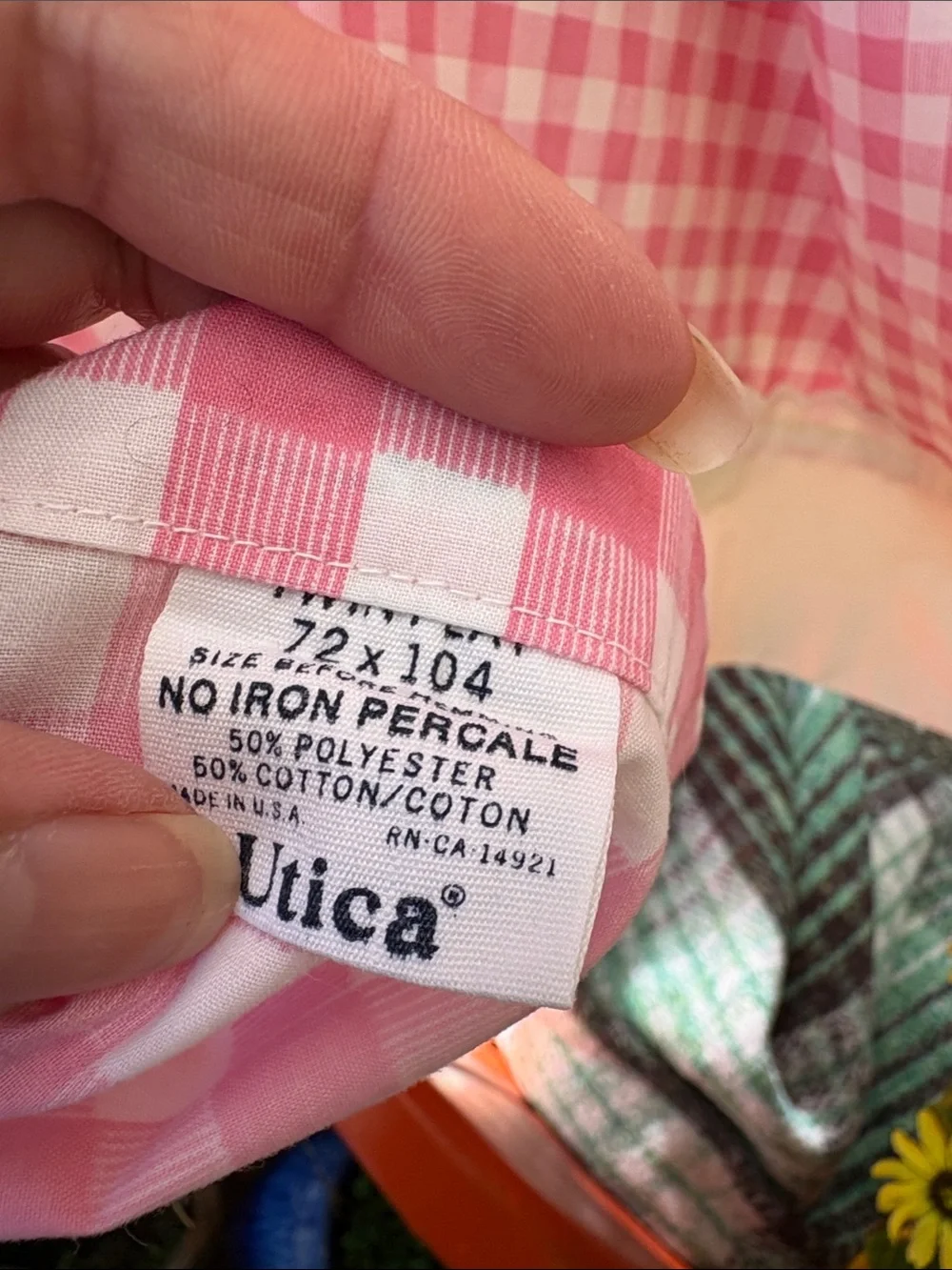 Vintage twin flat sheet Pink Gingham Home Bedding Curtain Panel White Trim BB